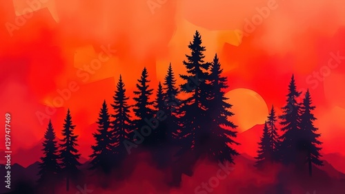 Fiery Orange Sunset Silhouette of Pine Trees on Mountain