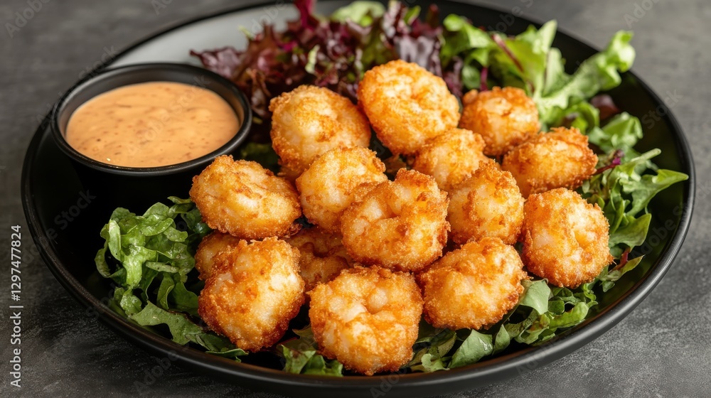 Delicious Golden Fried Shrimp Bites Served with Tasty Dipping Sauce on a Bed of Fresh Leafy Greens Delicious Golden Fried Shrimp Bites Served with Tasty Dipping Sauce on a Bed of Fresh Leafy Greens
