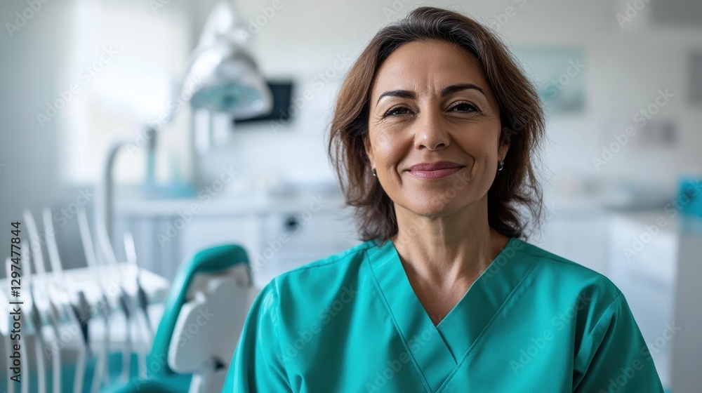 Fototapeta premium A portrait of a middle-aged Hispanic woman working as a dental assistant, showcasing a warm smile in a modern clinic environment.