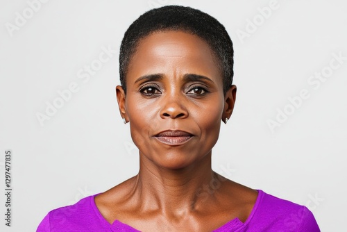 Strong confident black woman with shaved head in bold magenta top standing proudly radiating empowerment resilience self love and unapologetic identity photo