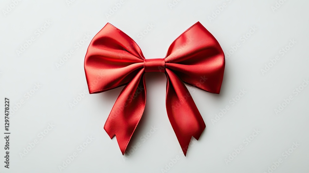 A flat lay of an elegant four-loop holiday bow in red satin with a subtle gray sheen, perfectly isolated on a clean white surface. A flat lay of an elegant four-loop holiday bow in red satin with a subtle gray sheen, perfectly isolated on a clean white surface.