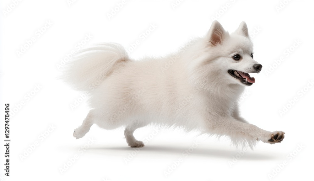 Happy White Dog Running Playfully in Studio Against White Background Happy White Dog Running Playfully in Studio Against White Background