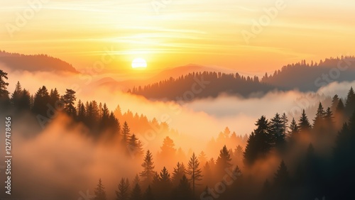 Golden Sunrise Over Foggy Mountain Forest