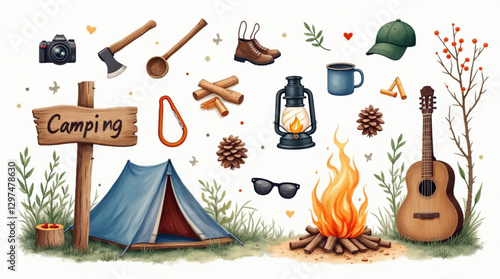 Watercolor Camping Essentials Illustration – Outdoor Adventure Gear and Equipment