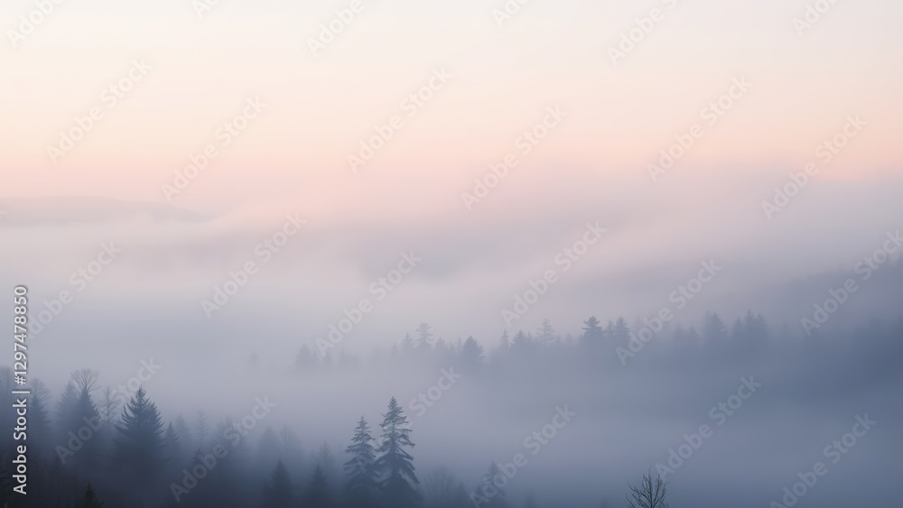 Fototapeta premium Misty Mountain Forest at Sunrise Soft Pink and Blue Hues