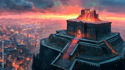 Wallpaper Mural Epic fantasy castle overlooking a sprawling city at sunset with dramatic clouds and fiery horizon Torontodigital.ca