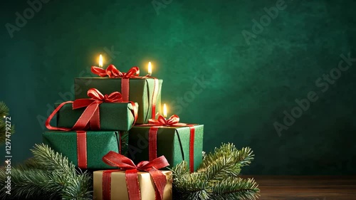Festive green presents with ribbons and glowing candles create a warm holiday atmosphere