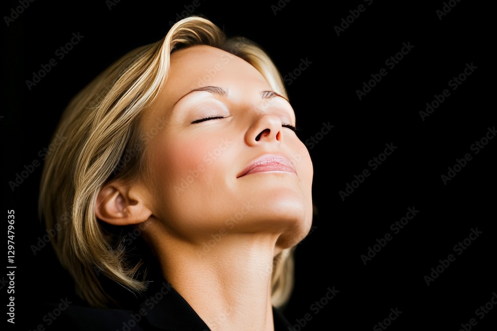 Serene woman with soft smile tilting her head back eyes closed enjoying peaceful moment of relaxation and contentment against a dark minimalist background Serene woman with soft smile tilting her head back eyes closed enjoying peaceful moment of relaxation and contentment against a dark minimalist background