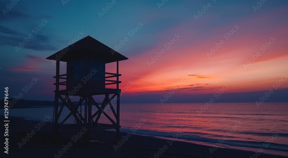 The silhouette of an old lifeguard tower on the beach at sunset The silhouette of an old lifeguard tower on the beach at sunset