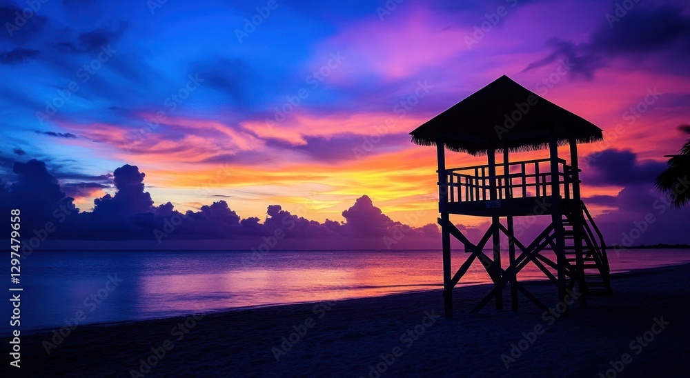 The silhouette of an old lifeguard tower on the beach at sunset The silhouette of an old lifeguard tower on the beach at sunset