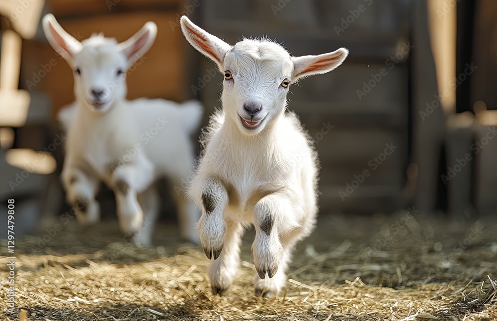 A playful baby goat hopping around a barnyard with its siblings, conveying energy and innocence. Ideal for farm animals, spring, or playful, cute animal-themed designs with a sense of joy A playful baby goat hopping around a barnyard with its siblings, conveying energy and innocence. Ideal for farm animals, spring, or playful, cute animal-themed designs with a sense of joy
