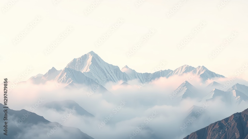 Snowy Mountain Peaks Emerging from Clouds at Sunrise Snowy Mountain Peaks Emerging from Clouds at Sunrise