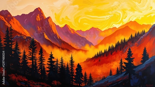 Vibrant Sunset Over a Mountain Range with Fog and Coniferous Trees
