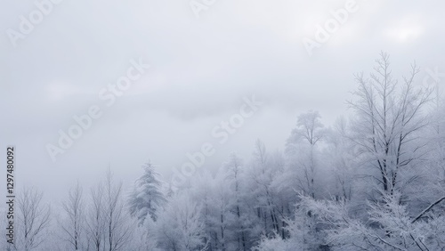 Winter Landscape with Foggy Trees and Snowy Mountains
