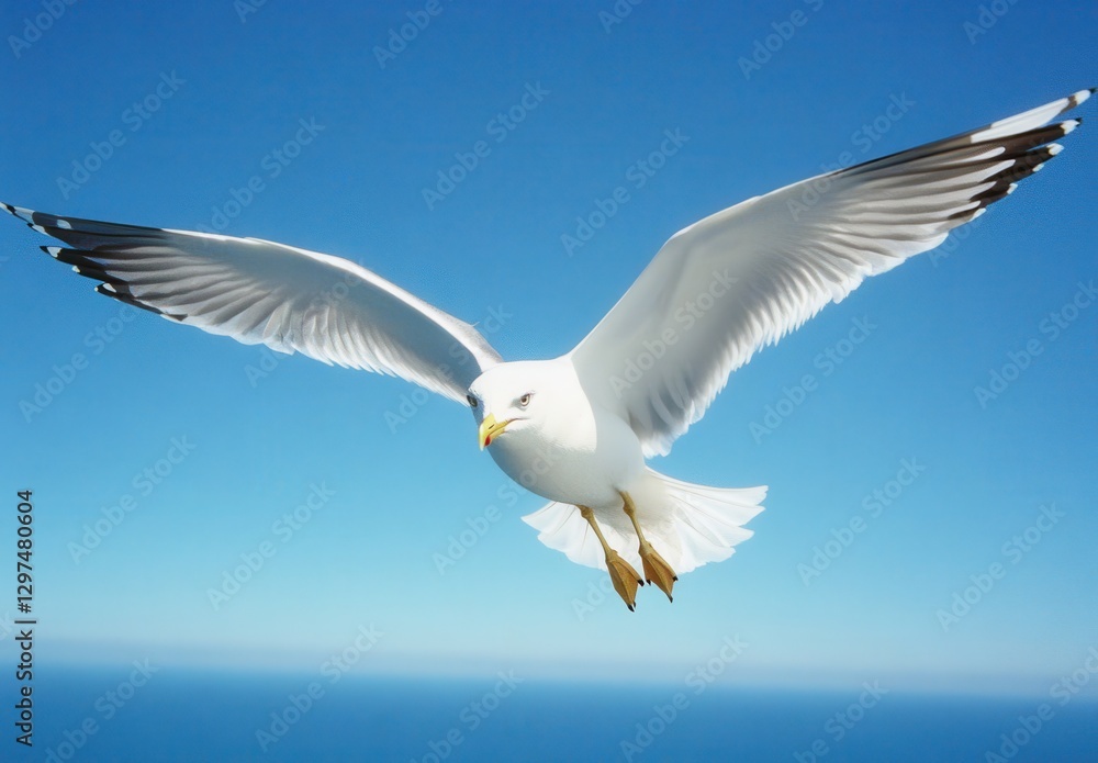 Majestic Seagull in Flight Against Clear Blue Sky Over Ocean, Symbolizing Freedom and Natural Beauty in Coastal Environments Majestic Seagull in Flight Against Clear Blue Sky Over Ocean, Symbolizing Freedom and Natural Beauty in Coastal Environments