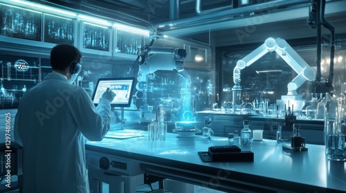 Futuristic Research Lab: A scientist in a lab coat intently interacts with a holographic interface, surrounded by advanced equipment and robotic arms in a state-of-the-art research environment.