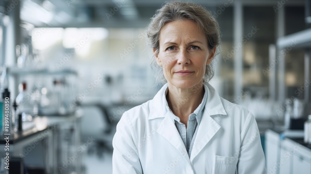 Fototapeta premium A middle-aged female scientist stands confidently in a modern laboratory, wearing a lab coat and surrounded by scientific equipment, showcasing her dedication to research and innovation.