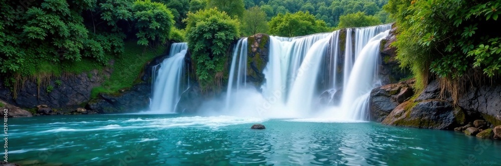 Fototapeta premium Blue and green hues of a water feature with a colorful waterfall, pool, landscape, waterfall