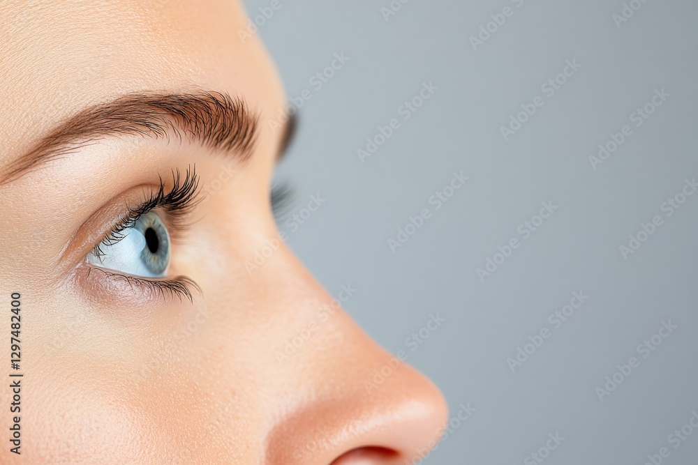 Fototapeta premium Close up side profile of young woman with defined facial structure smooth skin sharp nose and intense gaze into the distance highlighting strong features symmetry and contemplative expression