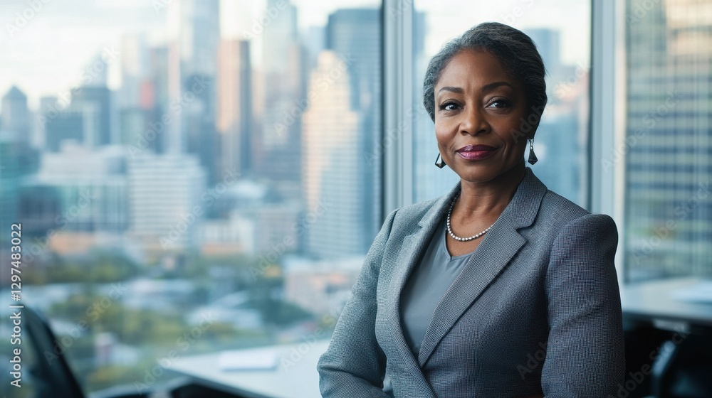 Fototapeta premium A middle-aged Black woman dressed in formal attire stands confidently against a city skyline, showcasing elegance and professionalism in an urban office setting.