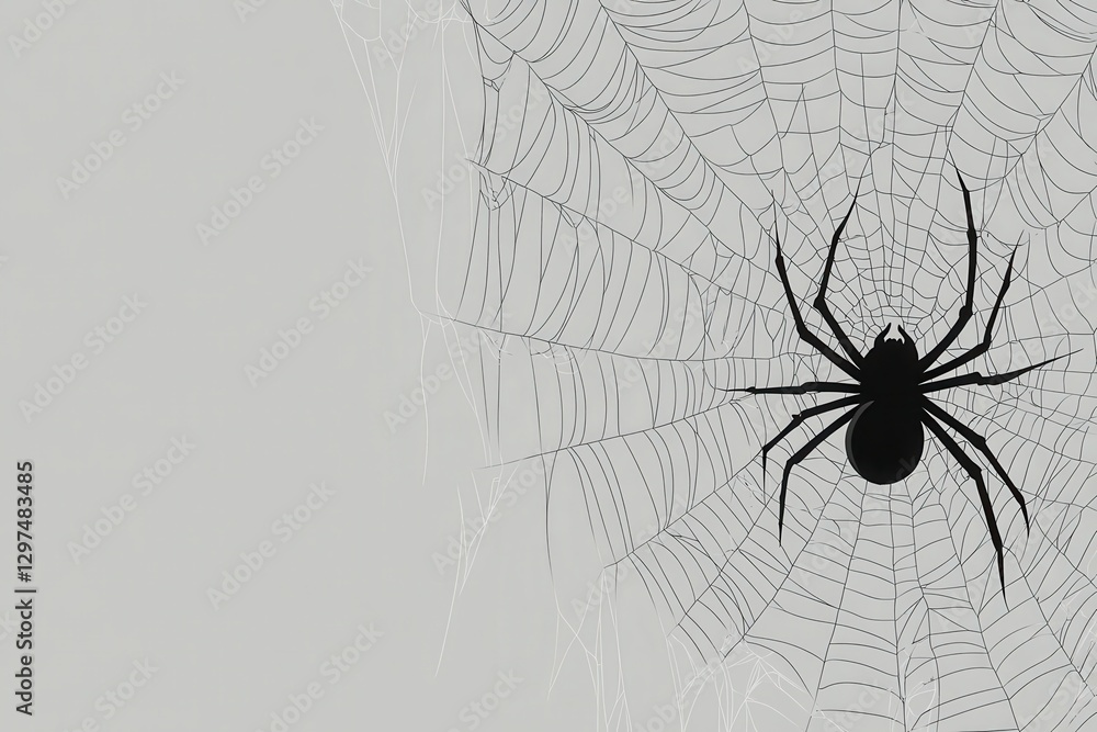 Obraz premium A solitary black spider intricately weaves its web against a soft gray background