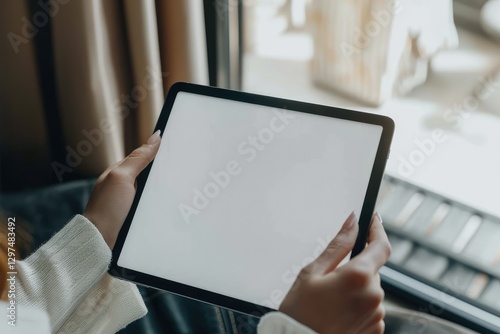 Wallpaper Mural Tablet with White Screen for Your Text in the Hands of a Woman Touching the Screen Isolated Object Torontodigital.ca