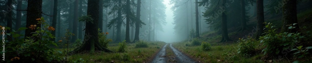 Naklejka premium Abandoned old path winding through fir trees surrounded by dense fog, foggy, trees