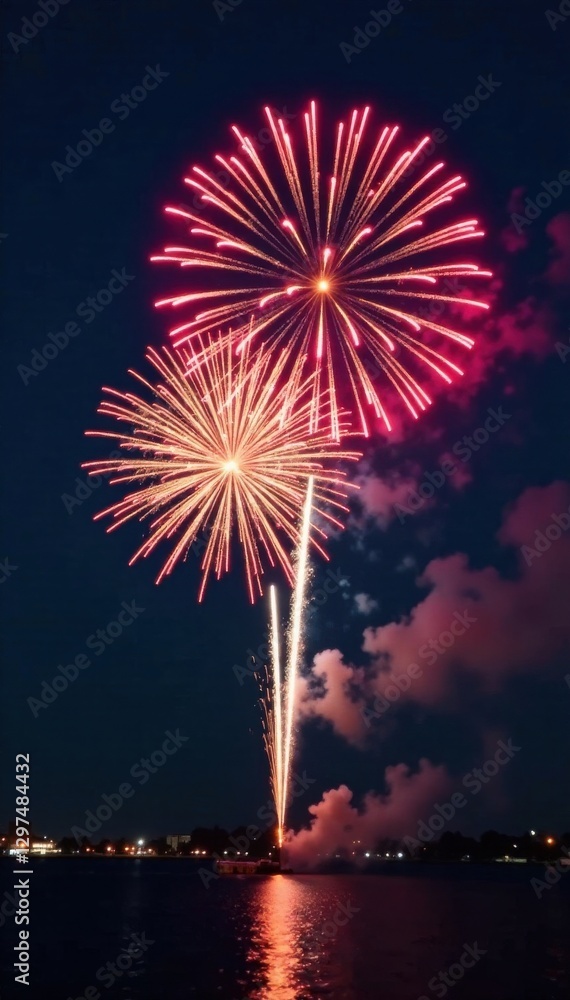 Aerial view of fireworks bursting into the sky with rapid firework bursts, light show, fireworks display Aerial view of fireworks bursting into the sky with rapid firework bursts, light show, fireworks display