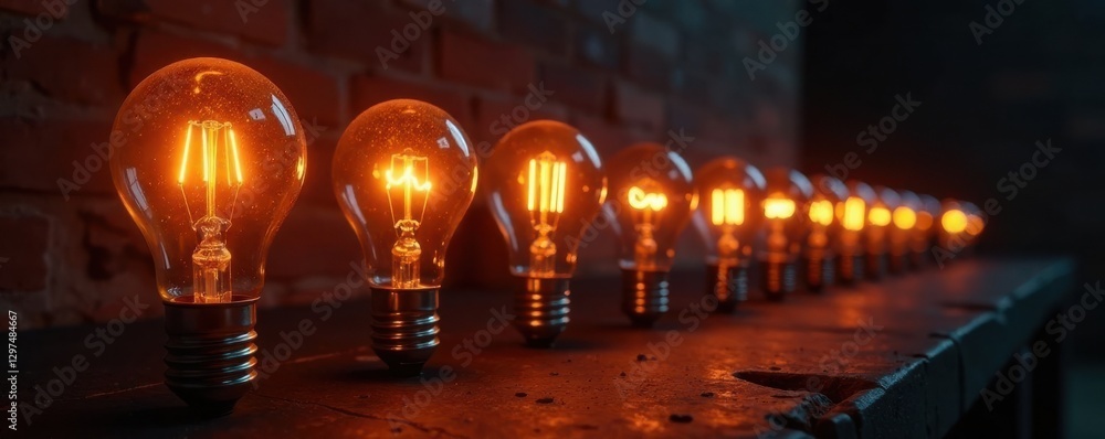Obraz premium A single glowing light bulb in a row of extinguished ones, casting an eerie glow, shadows, darkness