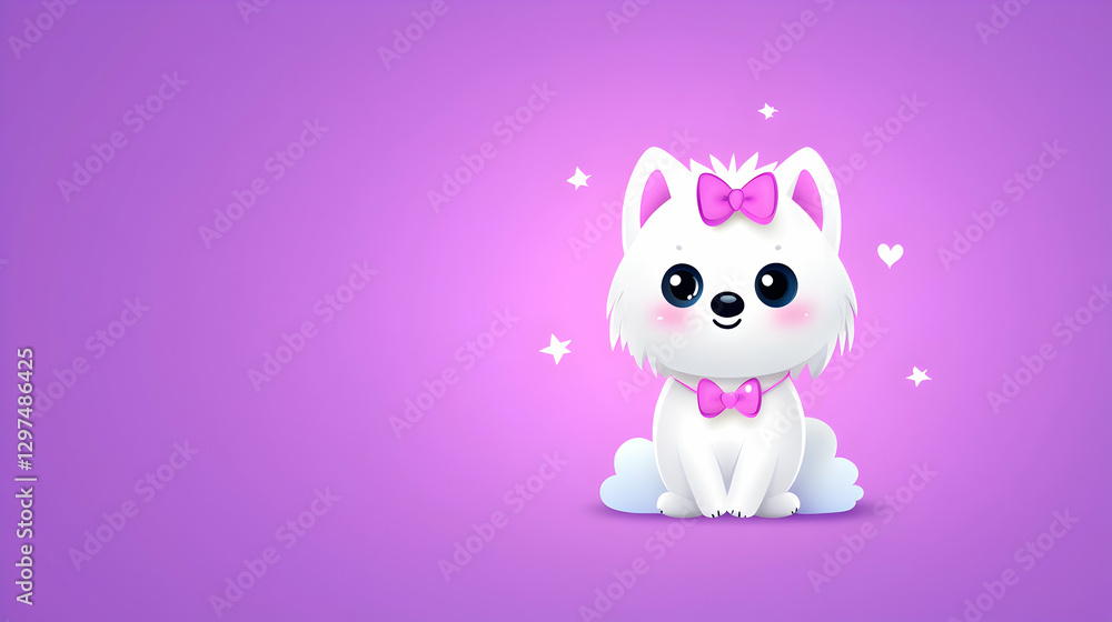 Adorable Cartoon White Poodle Puppy with Pink Bows on Purple Background Adorable Cartoon White Poodle Puppy with Pink Bows on Purple Background