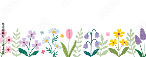 Spring time seamless vector border with flowers