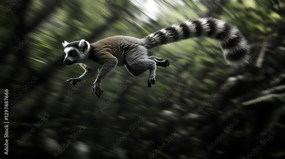 Obraz premium Lemur captured mid-leap against a blurred green jungle backdrop, showcasing agility and wildlife in motion