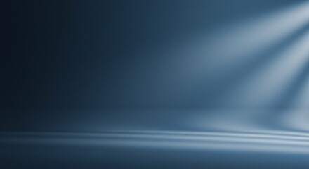 Panoramic abstract blue background for product presentation with sunlight and blurred shadows wall. Winter background.
