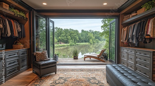 Fototapeta Naklejka Na Ścianę i Meble -  Luxurious walk-in closet with lake views