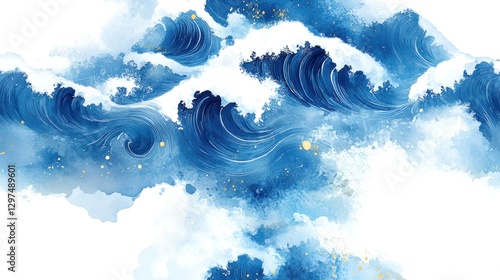 Creative watercolor waves in shades of blue with a splash of golden accents.