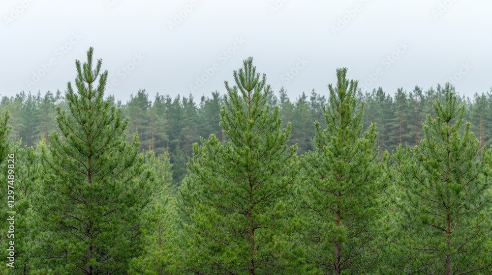 Pine trees line a misty forest Pine trees line a misty forest