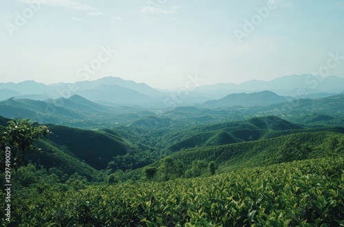 Serene Landscape of Lush Green Hills and Soft Mountains Under Clear Blue Sky in a Tranquil Rural Setting of Nature's Beauty and Grandeur