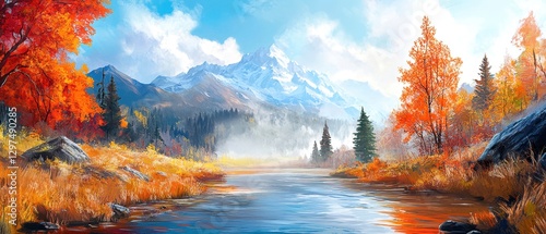 A serene landscape featuring vibrant autumn scene by a calm river.