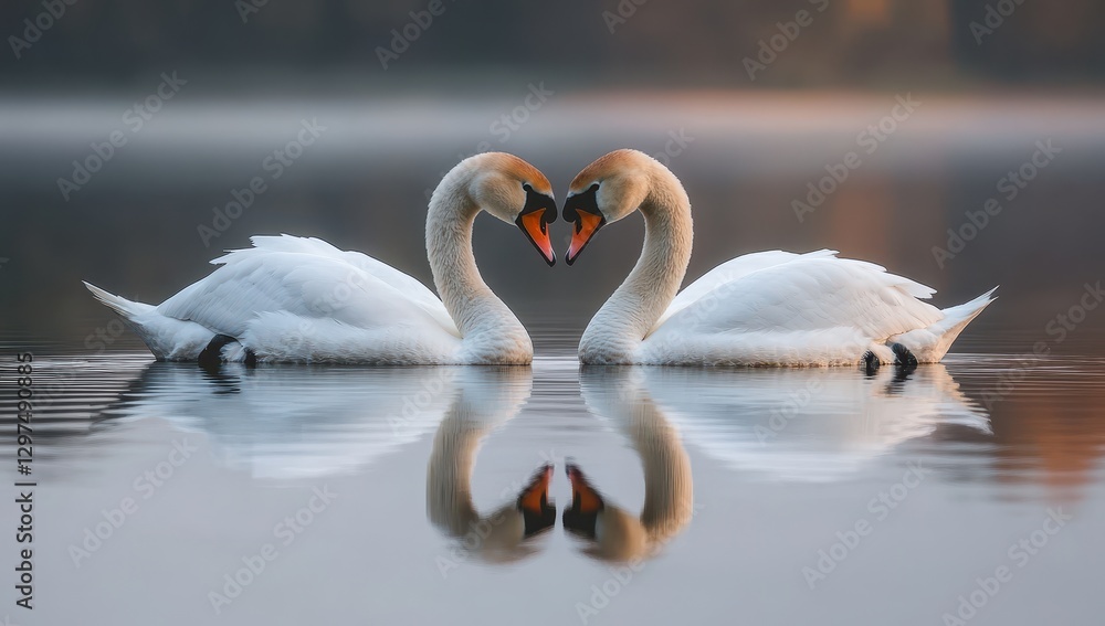 Obraz premium Serene Swans Forming Heart Shape in Calm Water at Sunrise, Symbolizing Love and Connection in Nature's Beauty and Tranquility