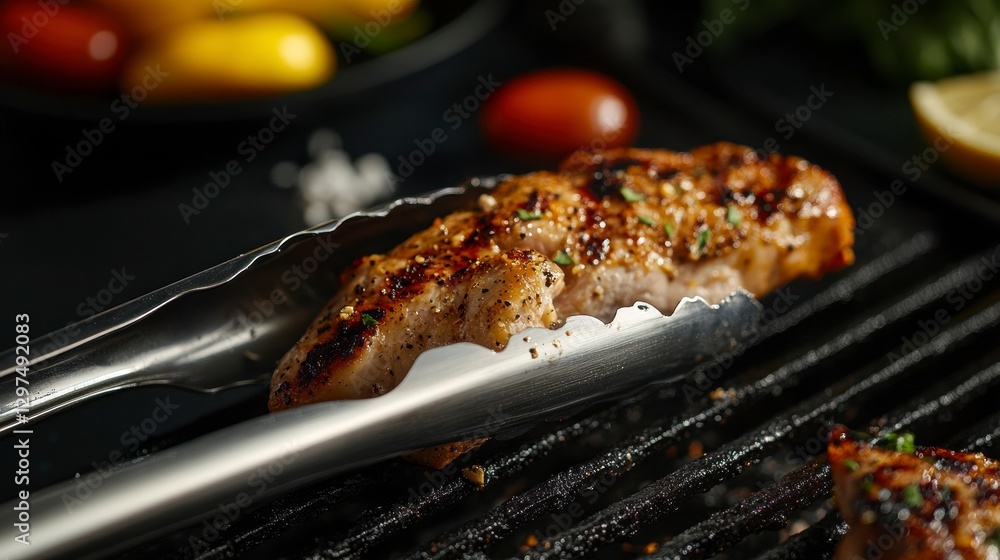 Sizzling Steak on the Grill: A mouthwatering, grilled steak is held by tongs, over a hot grill, with vegetables as the sides. perfect food, delicious aroma. Sizzling Steak on the Grill: A mouthwatering, grilled steak is held by tongs, over a hot grill, with vegetables as the sides. perfect food, delicious aroma.