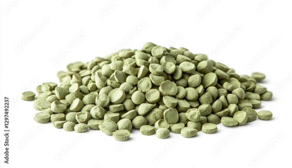 Green Round Tablets on White Surface Green Round Tablets on White Surface