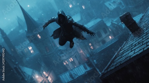 Assassin's Leap of Faith: A cloaked figure executes a daring mid-air leap above a historic European cityscape under the cover of a stormy night, demonstrating agility and action
