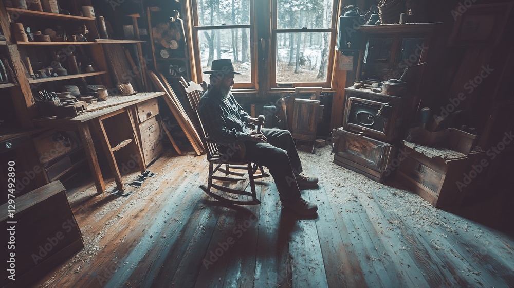 Elderly Craftsman Resting Workshop Cabin Woods Elderly Craftsman Resting Workshop Cabin Woods
