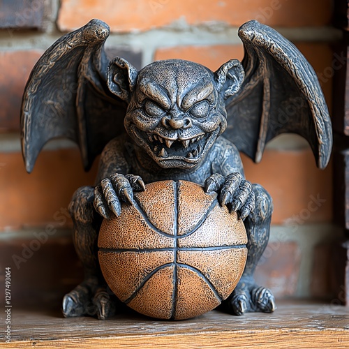 A whimsical gargoyle statue, featuring a fierce expression, playfully grasping a basketball photo