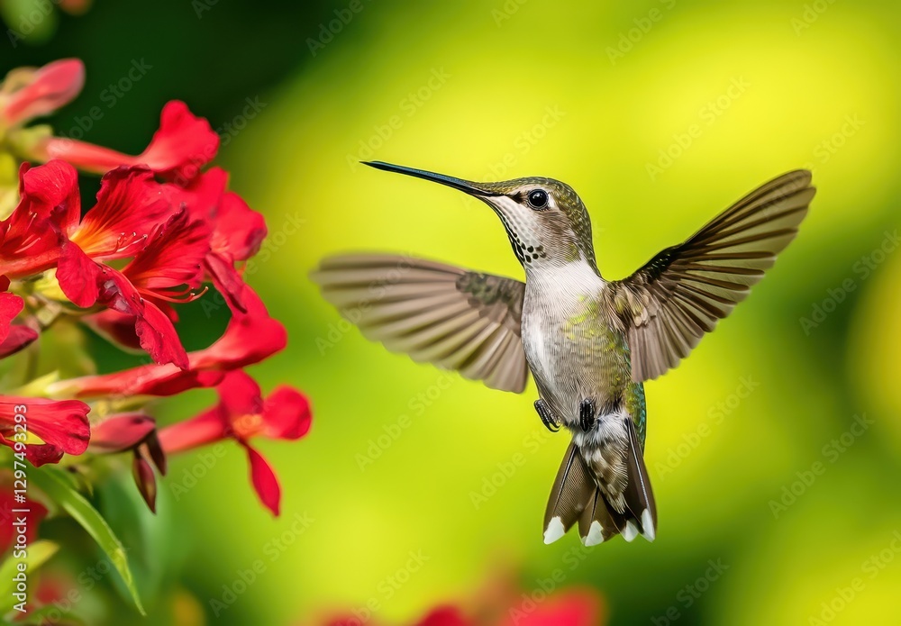 Stunning Close-Up of a Hummingbird Hovering Near Vibrant Red Flowers in a Lush Garden Setting, Showcasing Nature's Beauty and Delicate Features Stunning Close-Up of a Hummingbird Hovering Near Vibrant Red Flowers in a Lush Garden Setting, Showcasing Nature's Beauty and Delicate Features