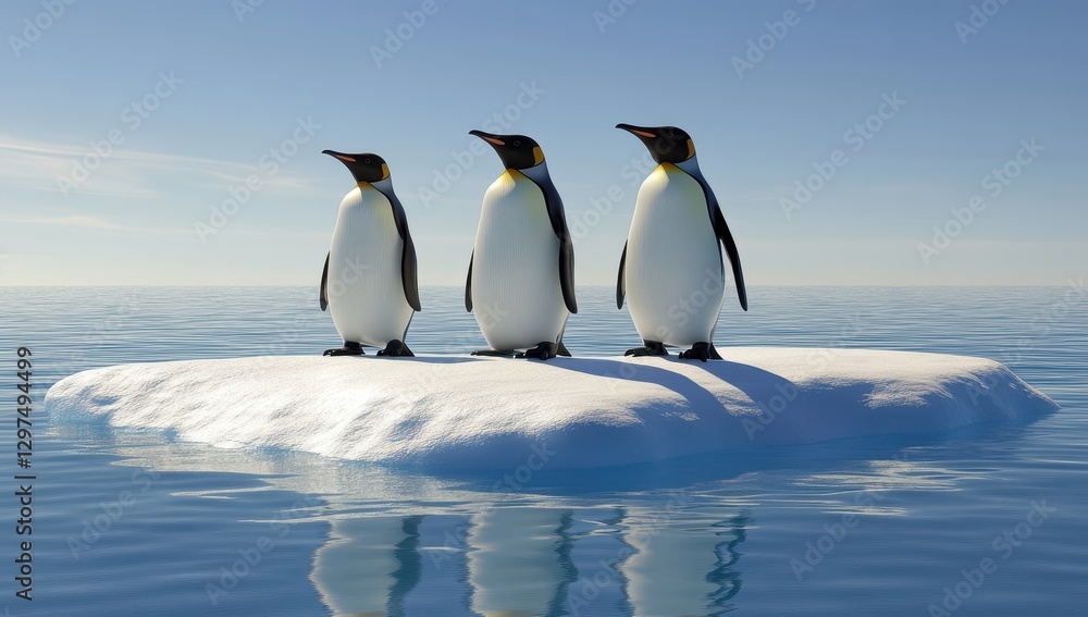 Obraz premium Three Charming Penguins Standing on Icy Floe in the Tranquil Blue Ocean with Clear Sky and Gentle Waves Under Bright Sunlight