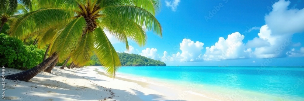 Fototapeta premium Tropical beach with palm trees swaying in ocean breeze , sea, palm tree
