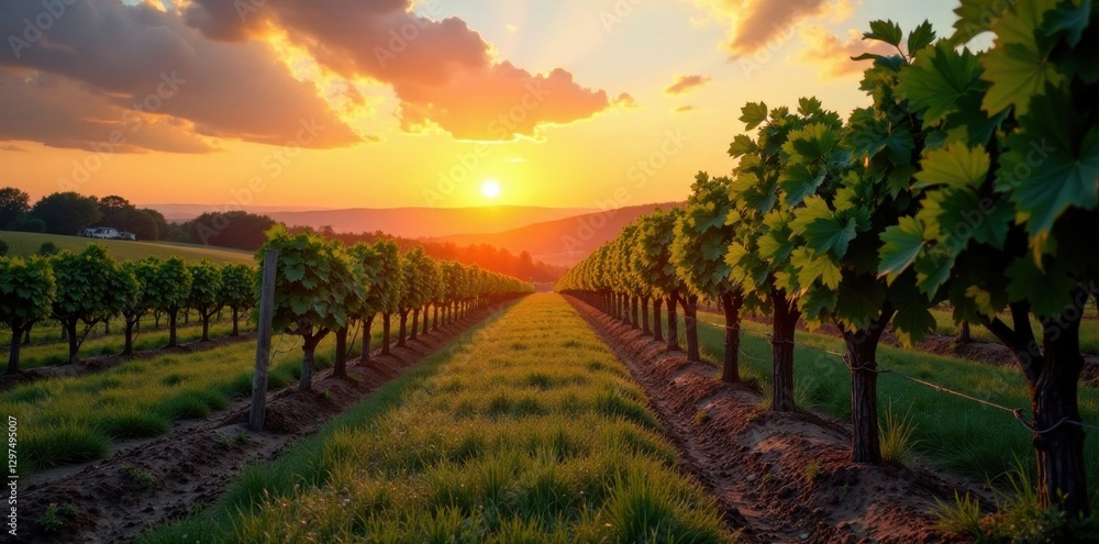Fototapeta premium Vineyard at sunset with old grapevines and wooden barrels, sunset, rustic