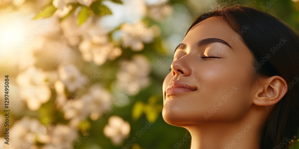 Young woman with dark hair standing near blooming tree with closed eyes enjoying warm sunlight in peaceful springtime nature moment of serenity and relaxation Young woman with dark hair standing near blooming tree with closed eyes enjoying warm sunlight in peaceful springtime nature moment of serenity and relaxation