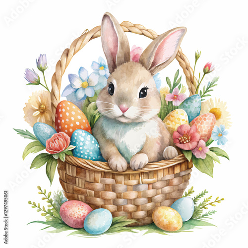 Watercolor Easter bunny in a basket with flowers and dyed eggs vector on isolated white background